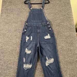 Distressed Denim Overalls Womens XS Medium Wash Adjustable‎ Y2K Grunge Festival